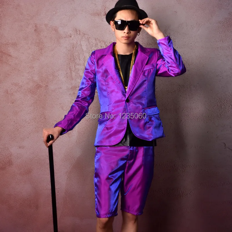 (jacket+pants) Bright purple male suit Silk fabric slim tide stage sets Bar Nightclub Rock show costumes Prom performance outfit | Дом и сад