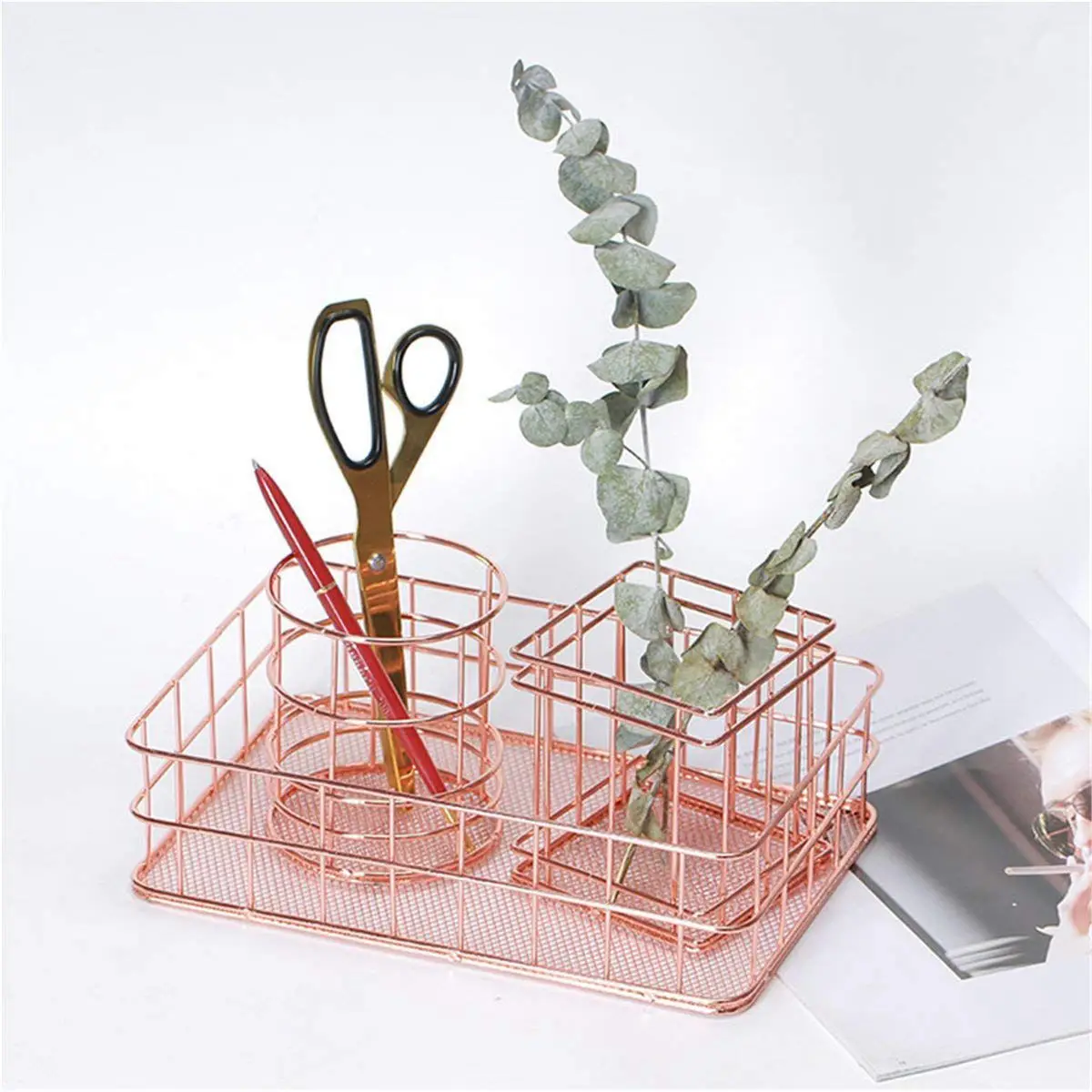 Rose Gold Wire Stripes Pencil Holder Round Iron Mesh Pen / Cup Stationery Organizer Desk Sorter For Office Home School | Канцтовары для