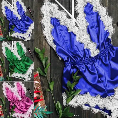 2019 Women Lingerie Deep V Neck Lace Sexy Jumpsuit Babydoll Blue Green Pink Sleepwear Underwear Bodysuit | Женская одежда