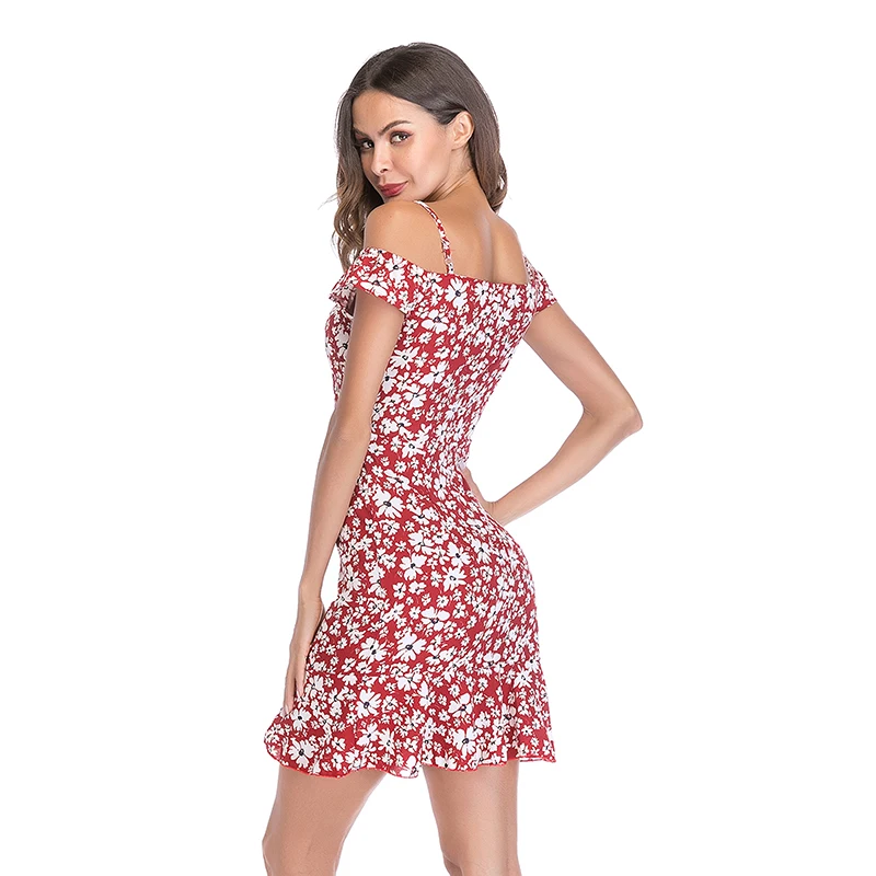 Summer chiffon halter dresses with flounce tops one-neck floral beach women's knee-length | Женская одежда
