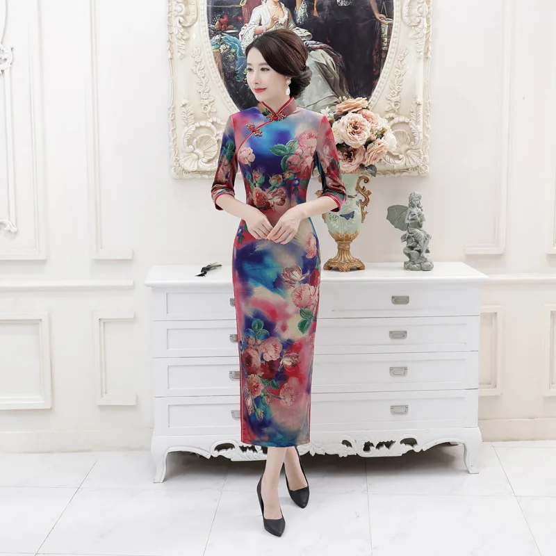 Китайское современное велюровое платье длинное Qipao чонсам Восточный стиль