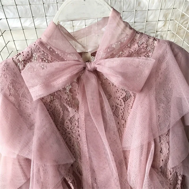 Осеннее прозрачное кружевное платье для вечеринок Vestidos Mujer с бантом на воротнике