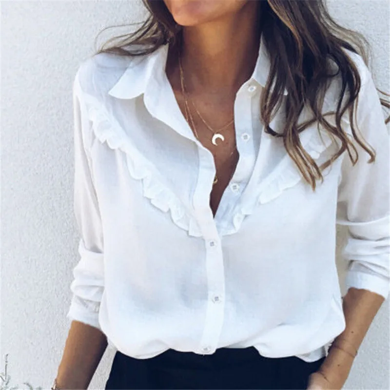 Женская блузка с длинным рукавом белая Свободная рубашка отложным воротником на кнопках весну осень|Блузки|
