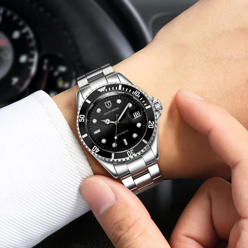 

Men Automatic Self Wind Mechanical Stainless Steel Strap Black Blue Red Green White Dial Date Business Watch