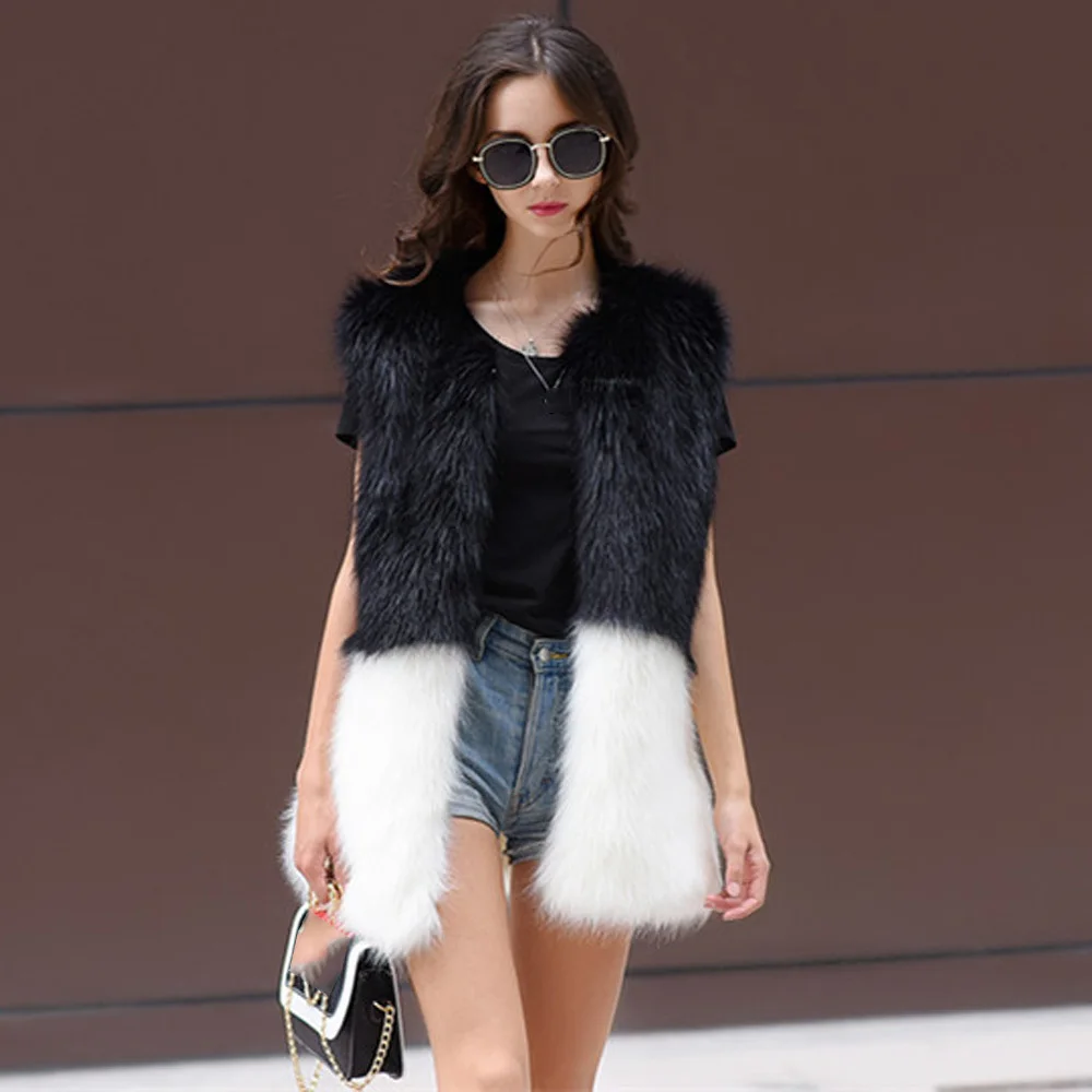 Casual Faux Fur Vest Coat Women Winter Warm Stitching Jacket Outerwear V-Neck Sleeveless Female Coat Women Faux Fur Vest