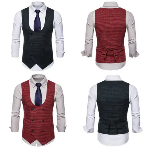Latest Double-Breasted Slim Men Vest Check Cotton Gentleman Formal Waistcoats Tuxedo Wedding Casual Coat Plus Size | Мужская одежда