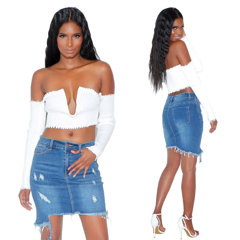 Women Summer Denim Skirts Fashion High Waist Irregular Holes Cowboy Blue Jeans Skirt Female Sexy Short Pencil O8R2 | Женская одежда