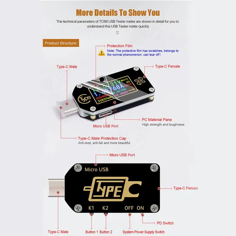 RD TC66/TC66C PD USB Вольтметр Амперметр с триггером напряжения 2 полосный измеритель