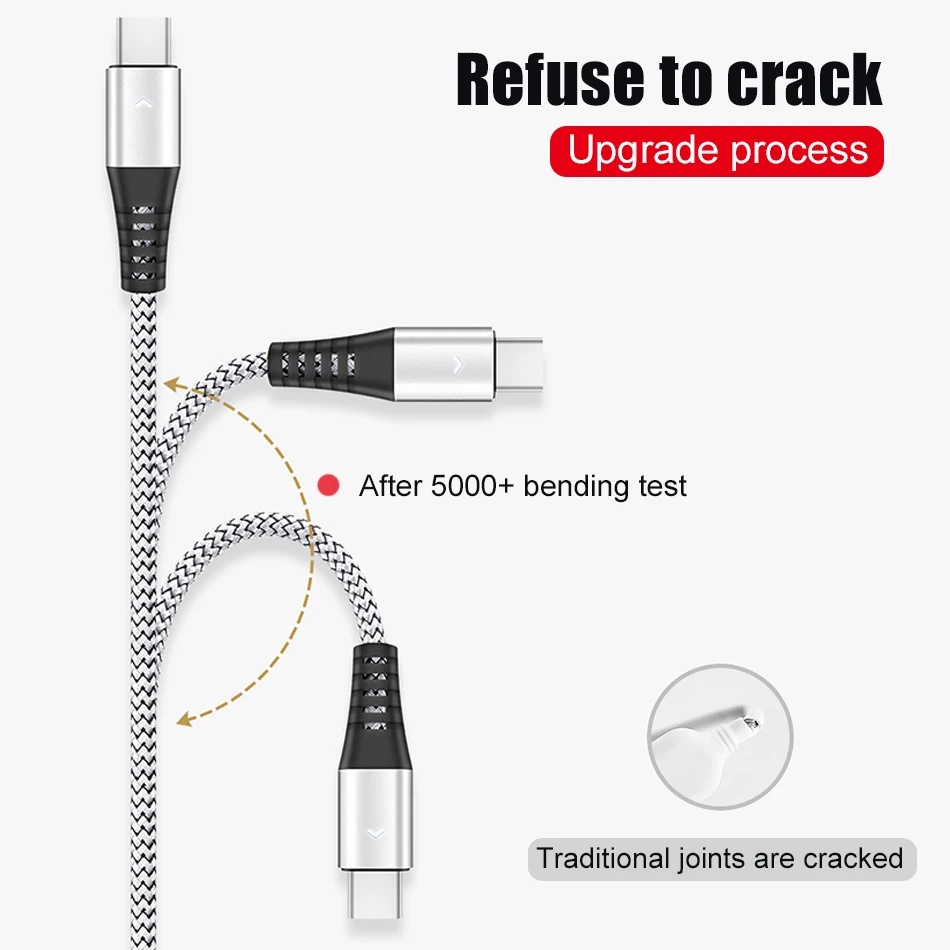 Mayround мощный Плетеный светодиодный кабель USB C Type для быстрой зарядки и передачи