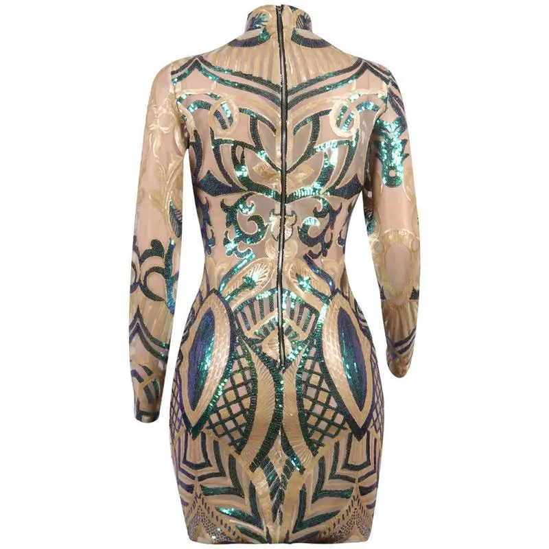 Мода абрикос блёстки с длинным рукавом клуб платье Великолепная водолазка Bodycon