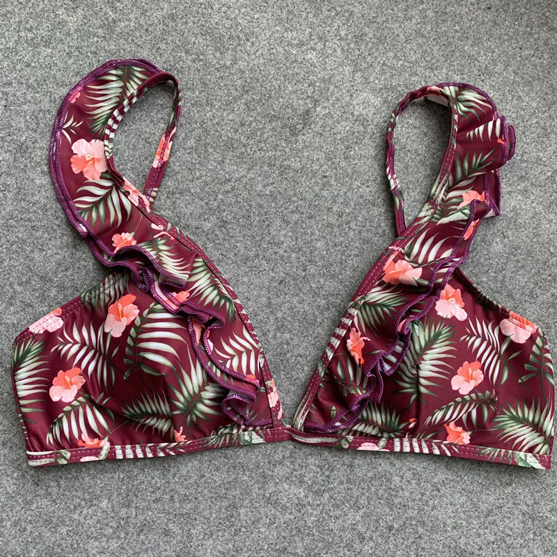 MUXILOVE 2019 New Women's Ruffled Print Ladies Swimwear Floral Straps Two-pieces Bikini Set Low Waist Bather Bathing Suit |