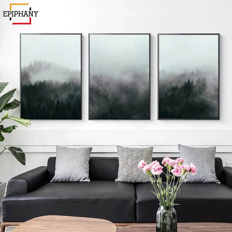 

Nordic Decoration Forest Lanscape Wall Art Canvas Poster Print Mountain Fog Canvas Painting Decorative Picture for Living Room