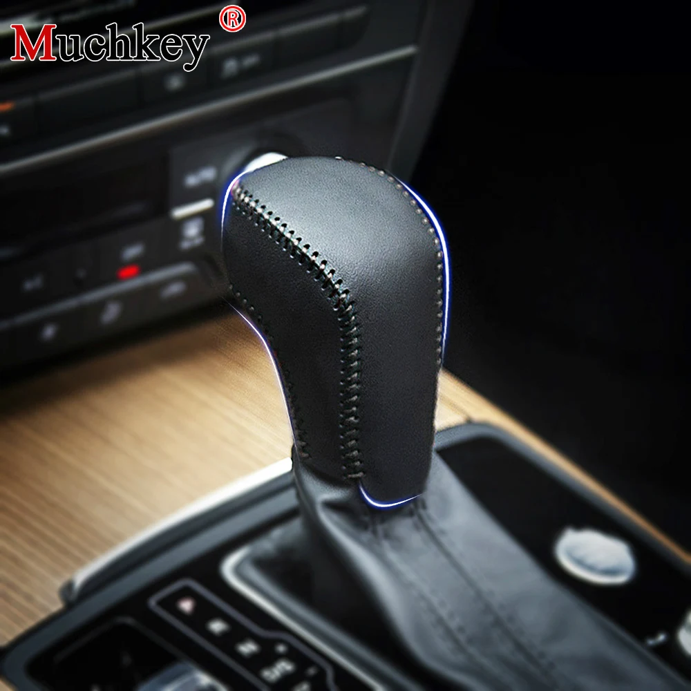 

For AUDI A6L A7 S7 2018 Genuine Leather Gear Shift Knob Cover Gear Head Covers Hand Sewing Handbrake Cover Black/Red Thread