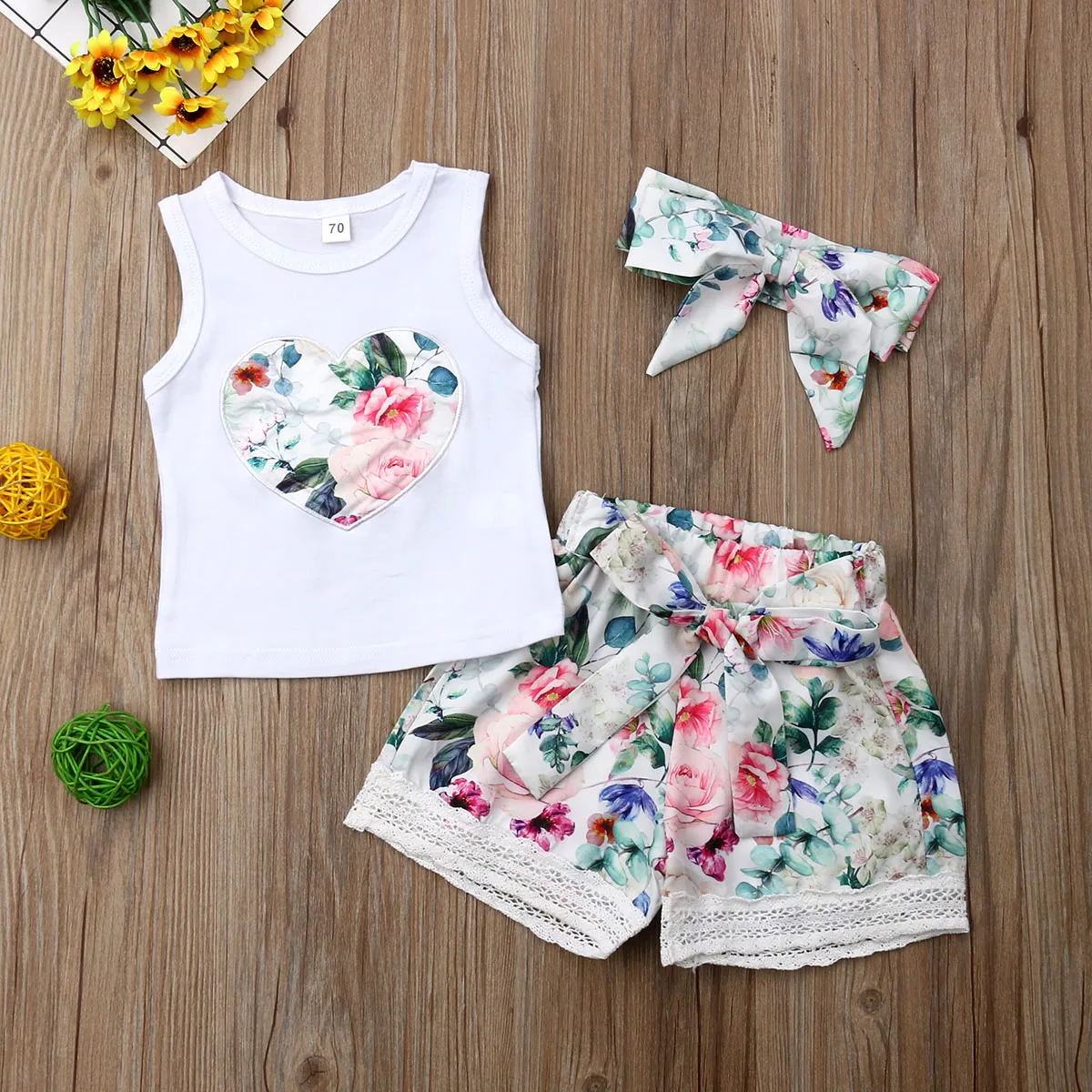 

Summer Newborn Baby Girl Clothes Floral Tops+Lace Pants Outfits Sunsuit Headband