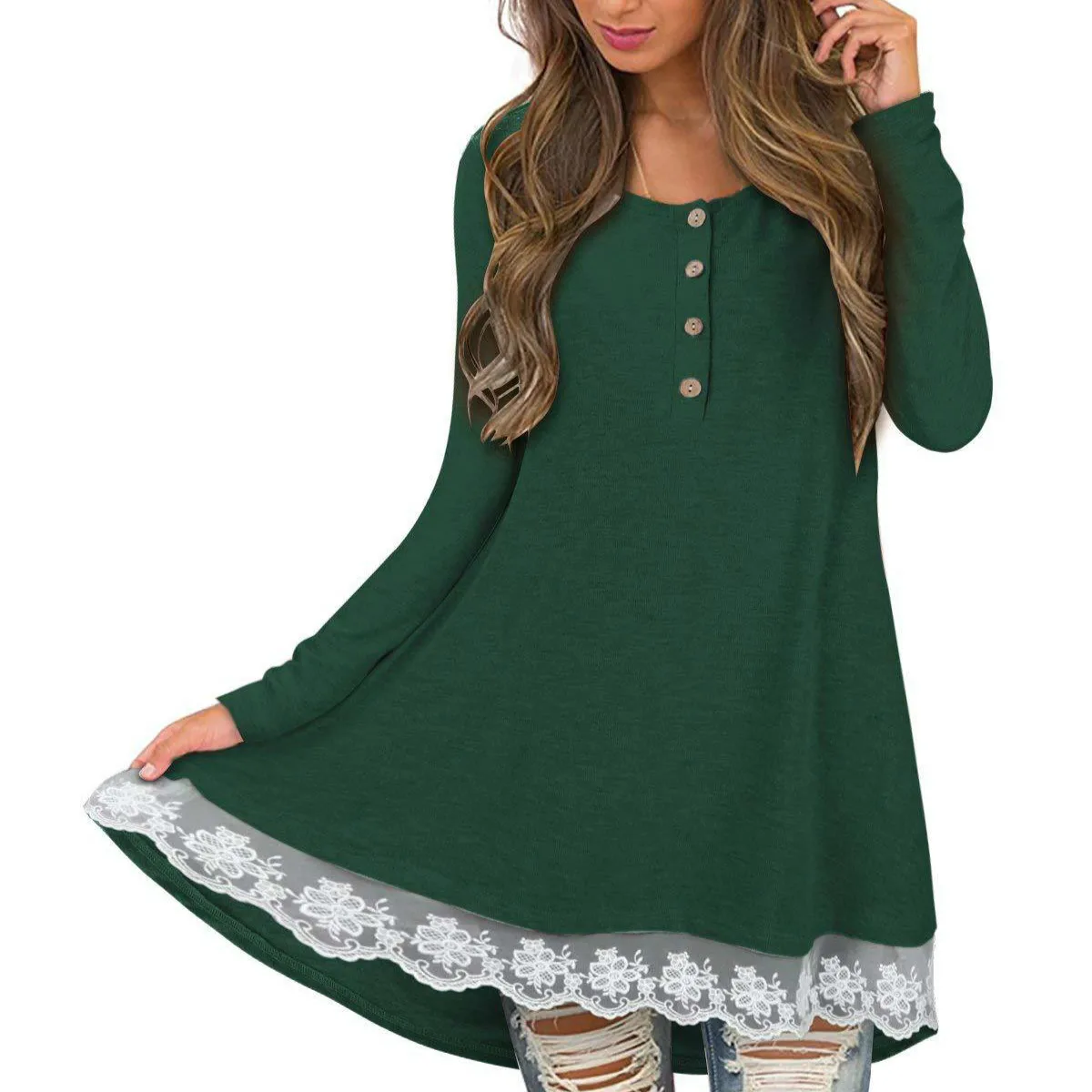 Женская футболка с длинными рукавами и пуговицами круглым вырезом кружевная