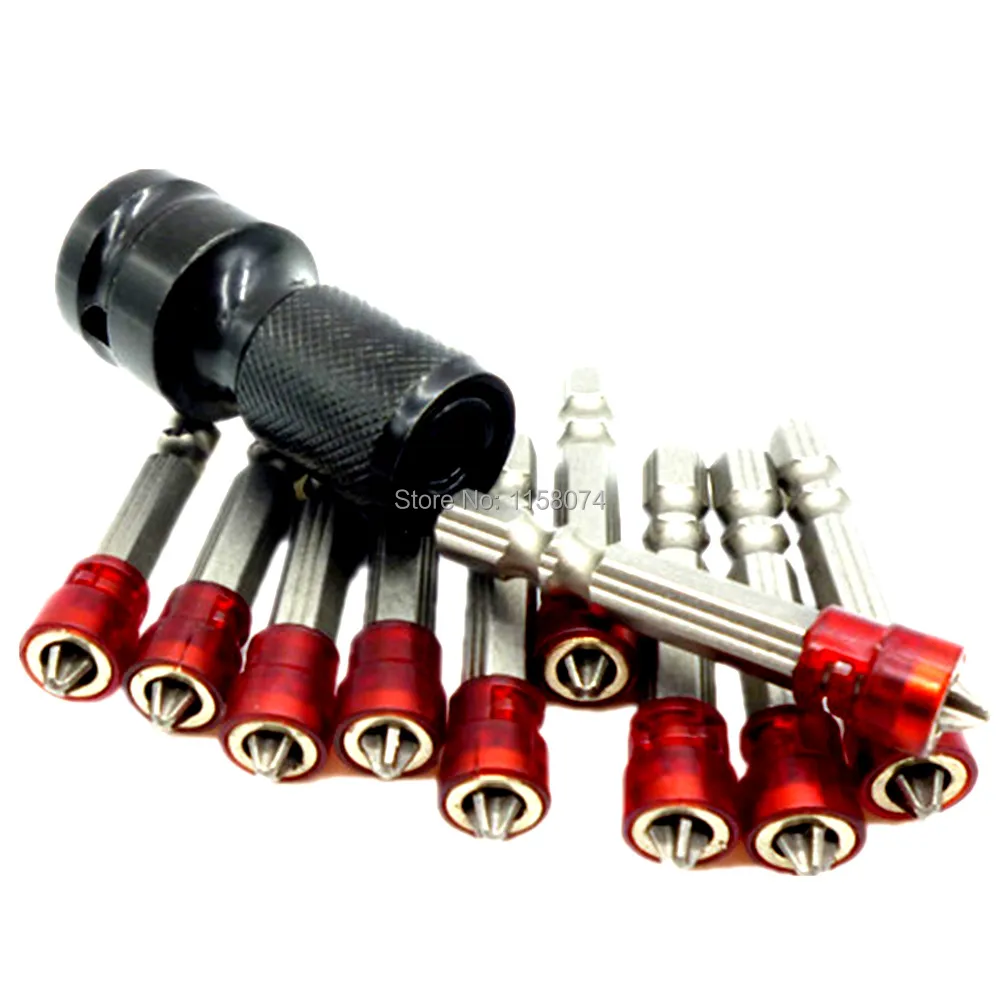 

10pc Dry Wall 50mm Bit PH2 Phillips Screwdriver Plasterboard 1/4" Hex Magnetic + 1/2" Square to 1/4" Hex Shank Socket Adapter