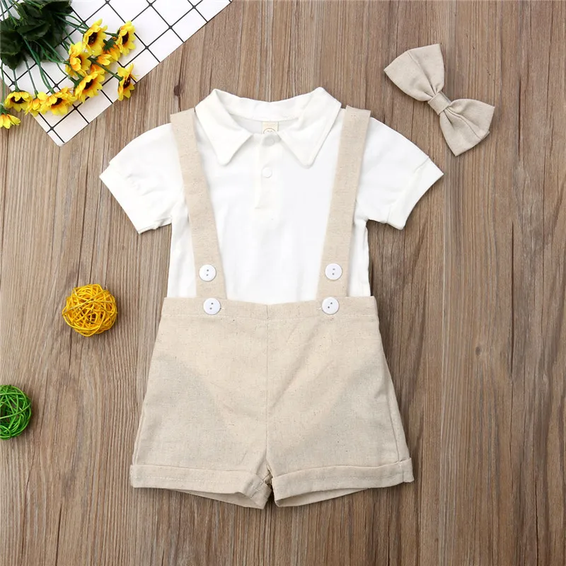 Fashion Baby Boy Summer Clothes Outfits Infant Gentleman Suit Bow Tie Shirt Suspenders Shorts Pants Comfy Outfit Set |
