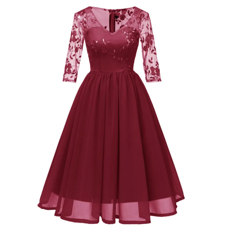 MUXU Красное Кружевное шифоновое винтажное платье с вышивкой vestidos Женская одежда