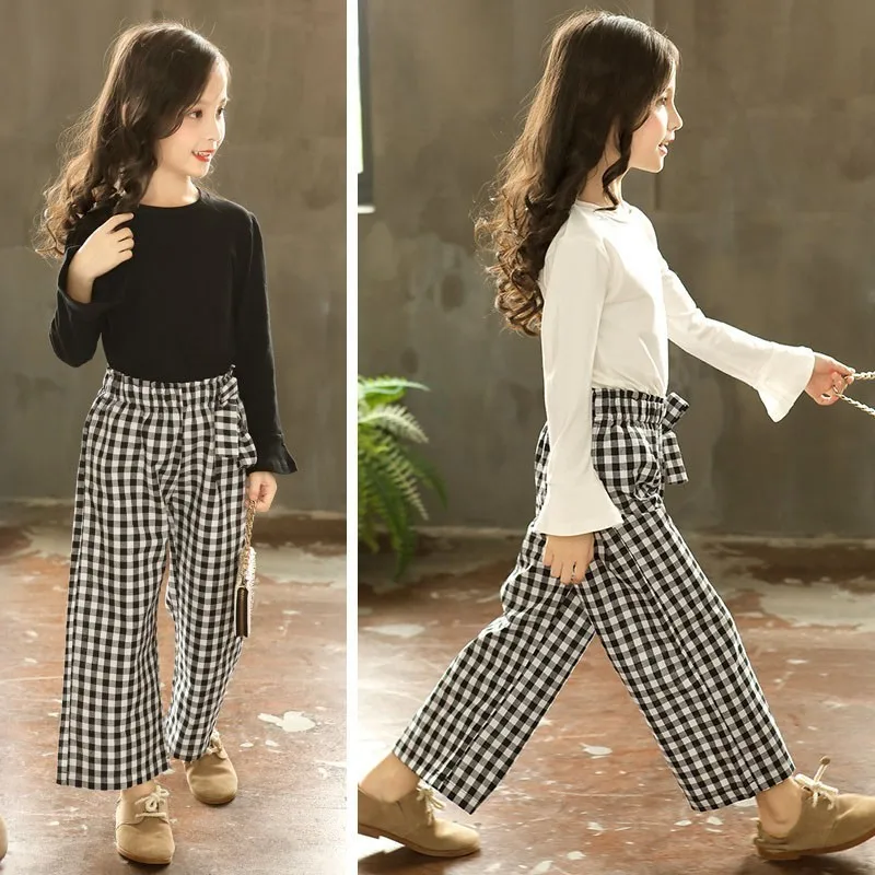 

Детская одежда для подростков комплекты одежды для детей весенне-Осенние футболки с длинными рукавами для девочек топы + штаны в клетку ком...