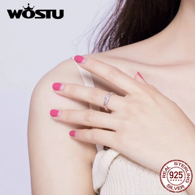 Женские Классические кольца с перьями WOSTU регулируемые из 100% настоящего серебра