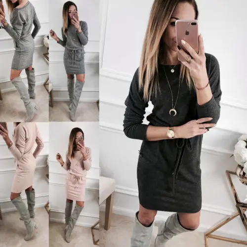 Осенняя новинка женская футболка с длинным рукавом и карманом Бандажное платье