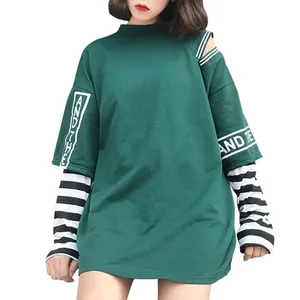 Футболка женская в стиле панк с обманкой, 2 предмета, в полоску, с длинным рукавом, на одно плечо, свободная, топ с надписью, уличная мода футболка с готическим рисунком