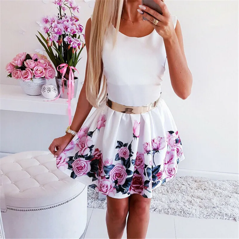 

Summer Women Dress Vintage Boho Short Mini Dress Sexy Evening Party Beach Holiday Dresses 2019 Floral Print Sleeveless Sundress