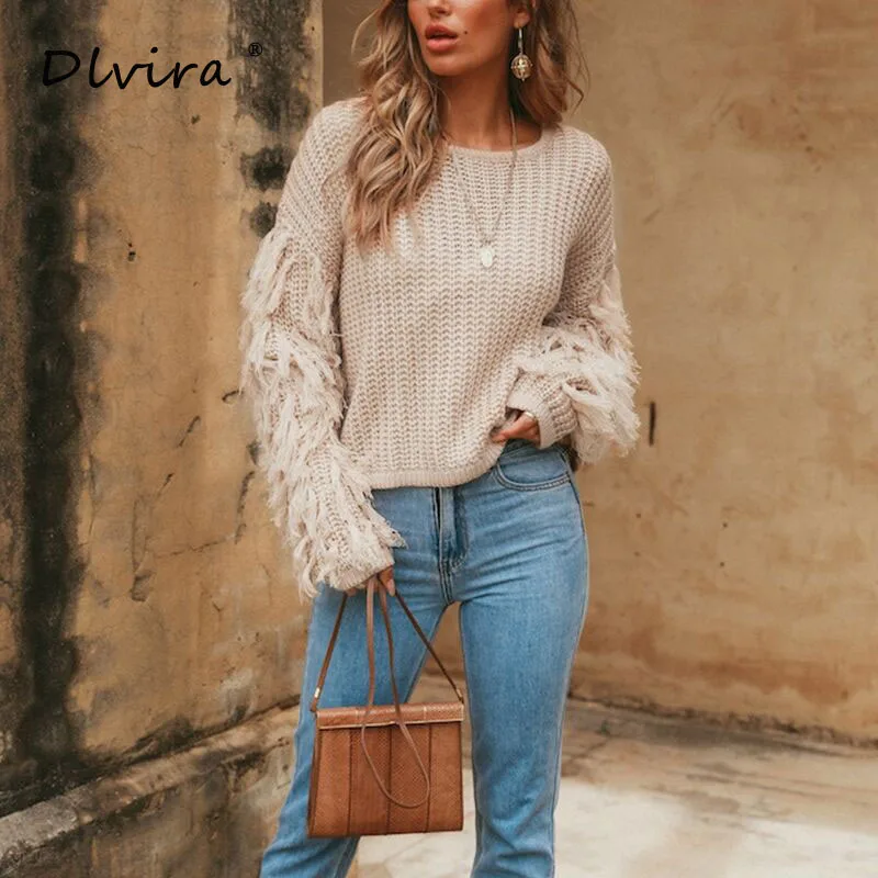 Green femme pullover loose neck female sweater autumn women 2018 winter pull Tassel jumper knitted Casual army O | Женская одежда