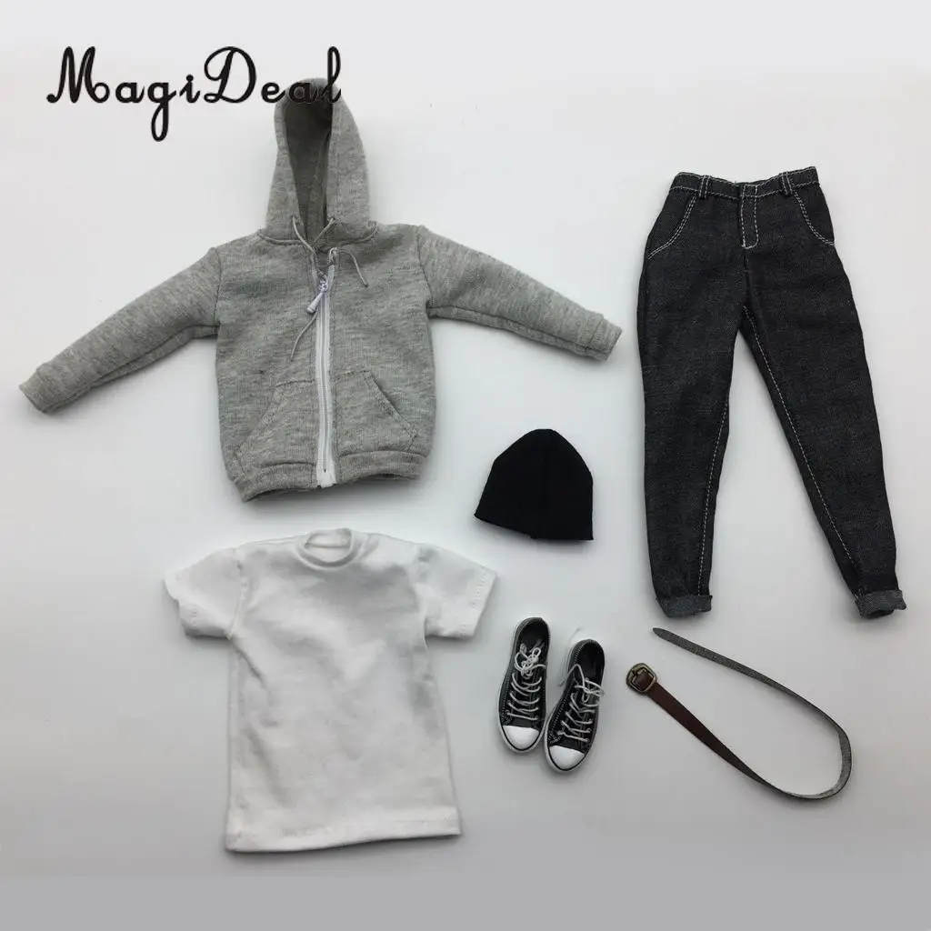 Мужская одежда MagiDeal в масштабе 1/6 серая толстовка футболка джинсы пояс кепка