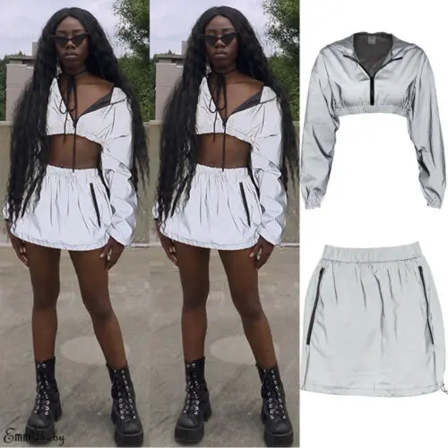 

Sexy Women 2PCS Sexy White Solid Bodycon Reflective Zip Short Crop Top Skirt Set Clubwear Dress Party