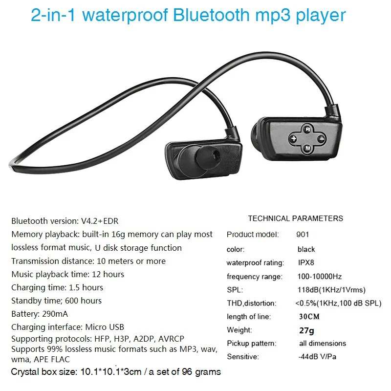 Newest 901P Bluetooth Waterproof Swimming Outdoor 16G Hifi Ipx8 Sport Mp3 Music Players | Электроника