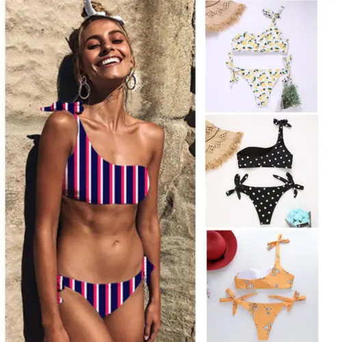 

Комплект женского бикини с чашками пуш-ап, на одно плечо