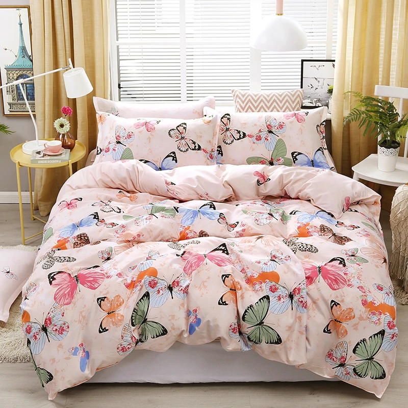 

New Pink Bedding Set High Quality Butterfly Printing Bed Linings Duvet Cover Bed Sheet Pillowcases Cover Set 4pcs/set 51