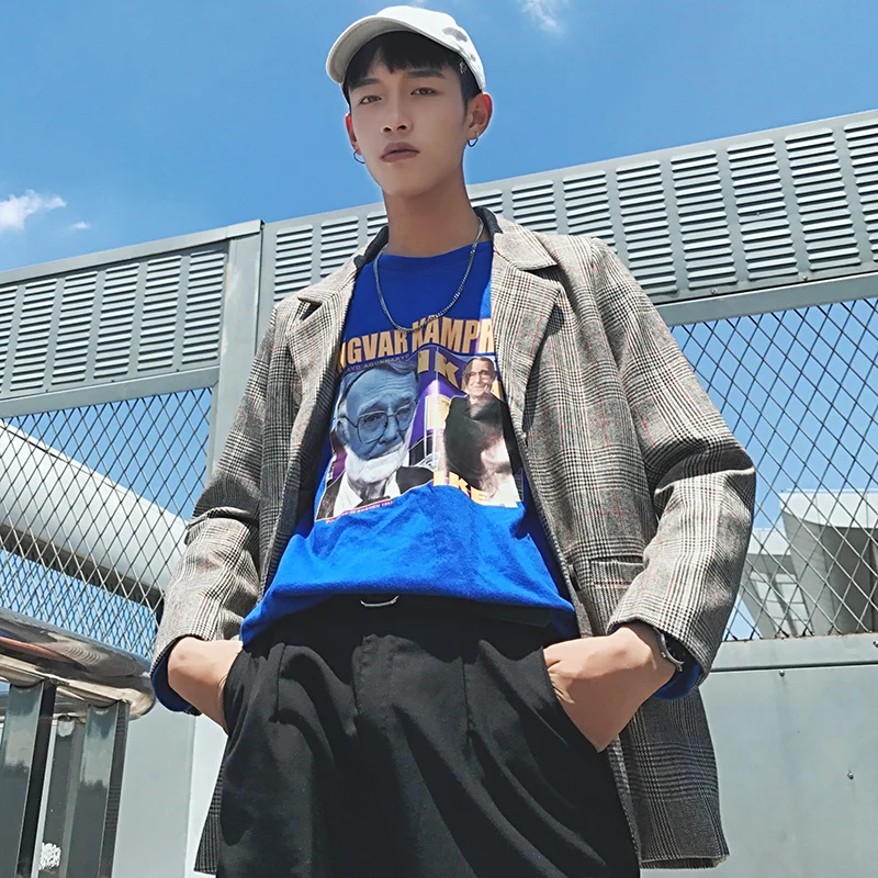 2019 Spring And Summer New Chinese Style Quality Comfortable Cotton Tide Male Harajuku Work Lattice Loose Leisure Blazer | Мужская