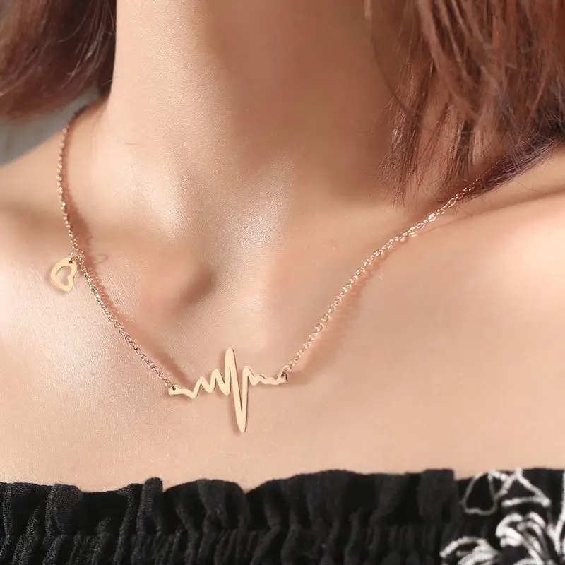 Temperament Heart Beat Trace Choker Necklace for Women Stainless Steel Cardiogram Pendant Elegant Lady Party Jewel | Украшения и
