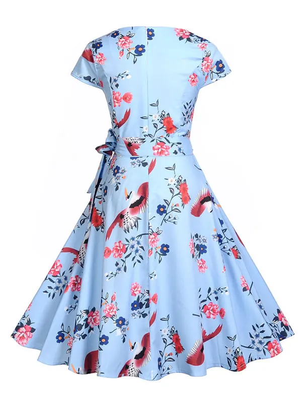 Kenancy Women Flower Print Vintage Dress Summer O-Neck Cap Sleeve High Waist Belted A-Line Party Female Casual | Женская одежда