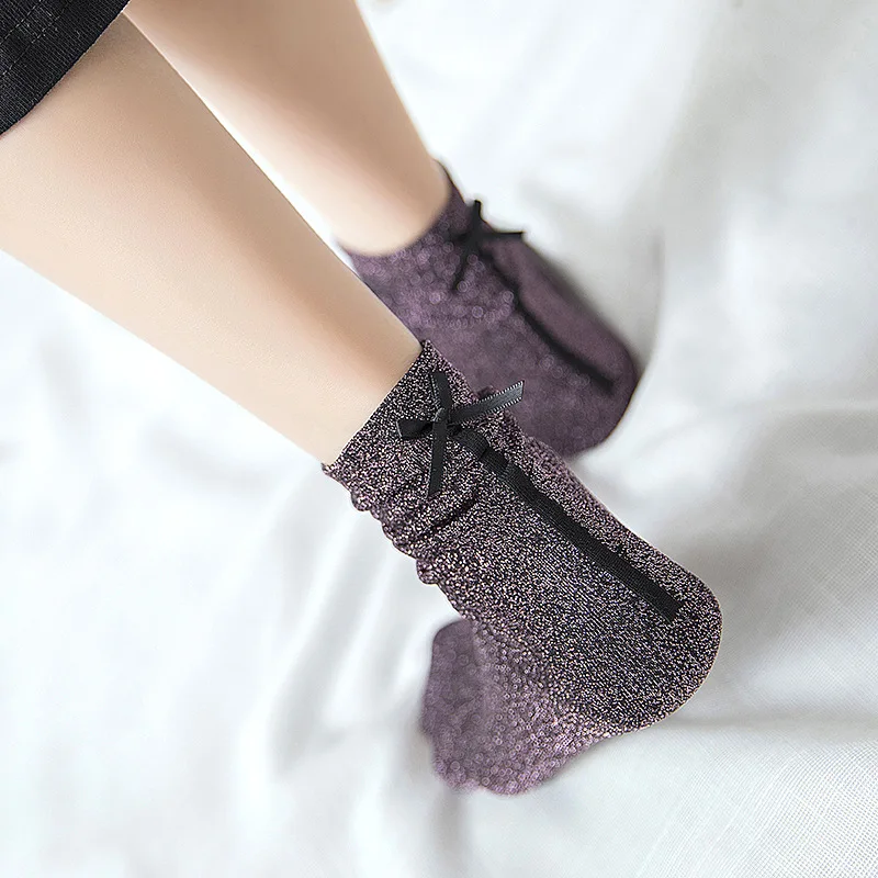 Новые весенние модные блестящие женские носки Серебристые повседневные яркие