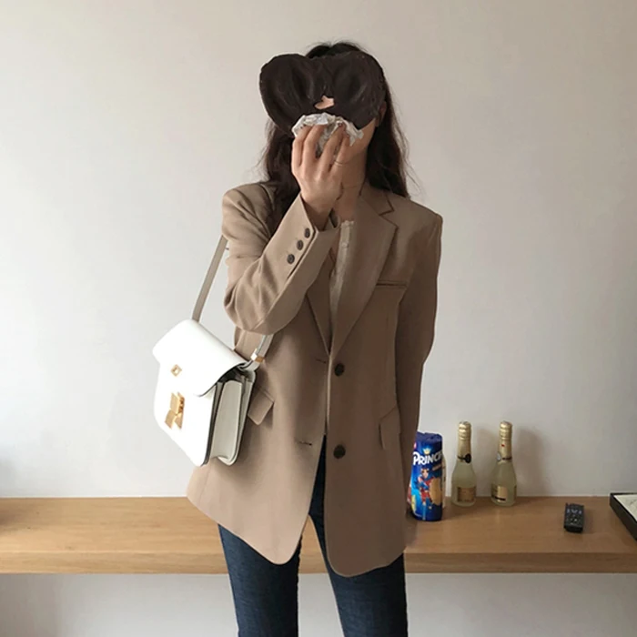 Women Blazer Single Breasted Regular Length Solid Notched Pockets Full Sleeve Korean England Style | Женская одежда