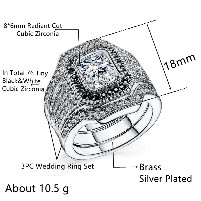 

Huitan 3PC Wedding Band Ring Set with Radiant Cut Cubic Zirconia Silver Plated Luxury Jewelry Lover Promise Rings for Couples