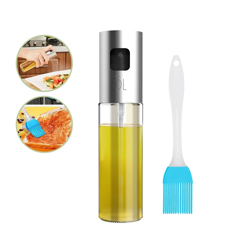 

1 Pcs Stainless Steel Glass Olive Pump Spray Bottle Oil Sprayer and 1pc Brush Cooking Salad BBQ Pot Cookware Kitchen Baking Tool