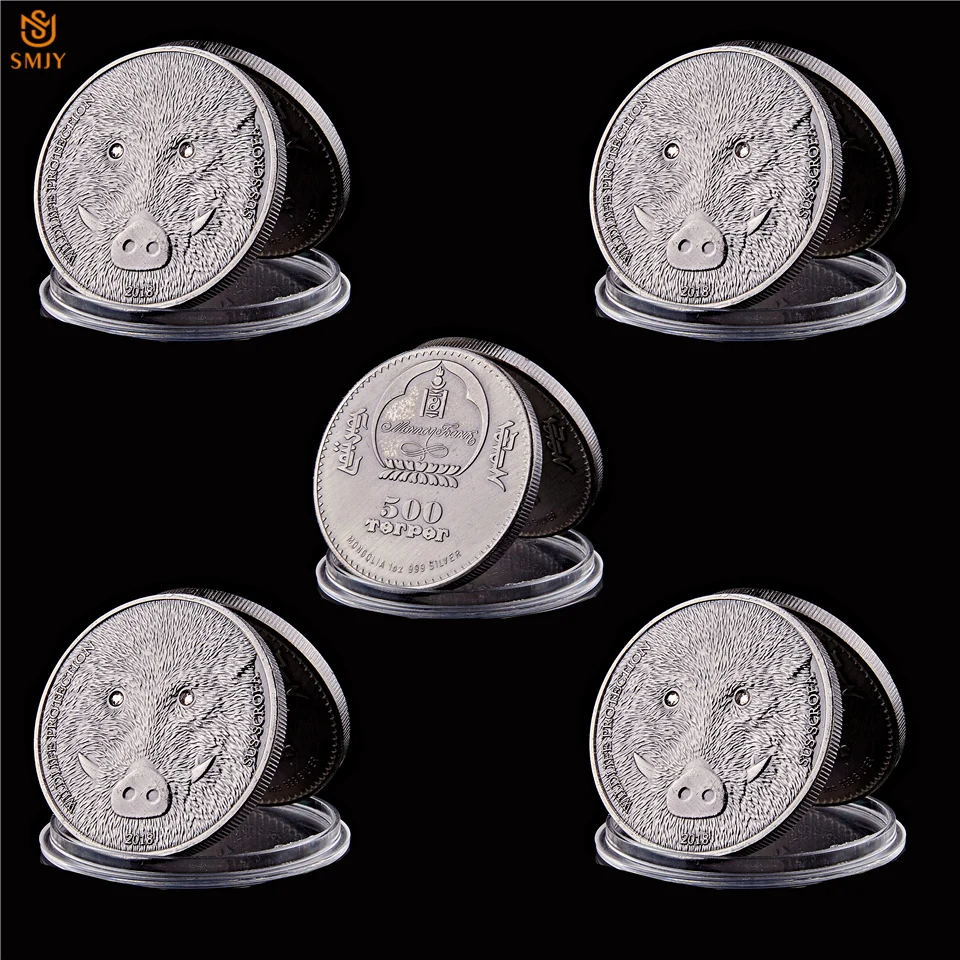 

5PCS 2018 Mongolia Wild Wild Protected Animal Sus Scrofa Endangered Creatures Antique Silver Challenge Souvenir Coins Craft Gift