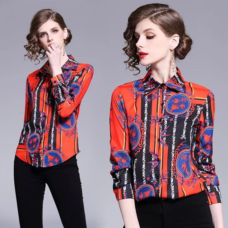 Модные женские рубашки с принтом длинный рукав Тонкая блузка воротником стойкой
