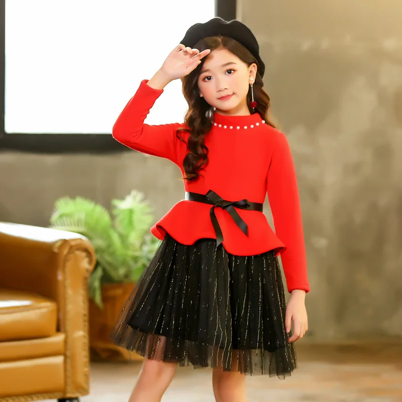 Kids Girls Warm Dress 2019 Autumn Winter New Princess Velvet Dresses Long Sleeve Red Black Mesh Knee Party Frocks 6 8 10 12 yrs | Детская