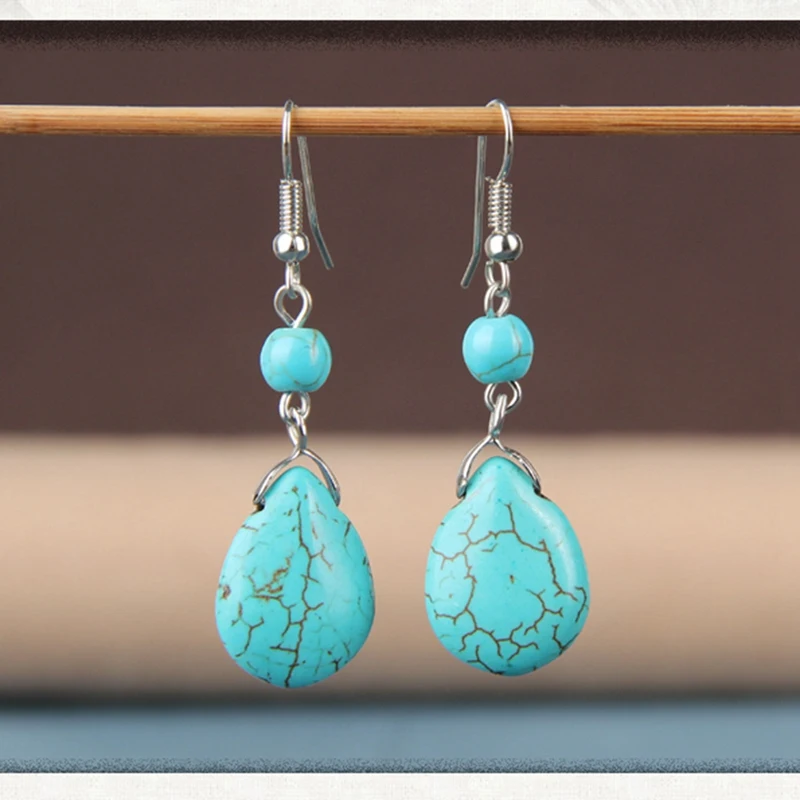 Простые серьги в стиле ретро с натуральным камнем и бирюзой|Серьги-подвески| |