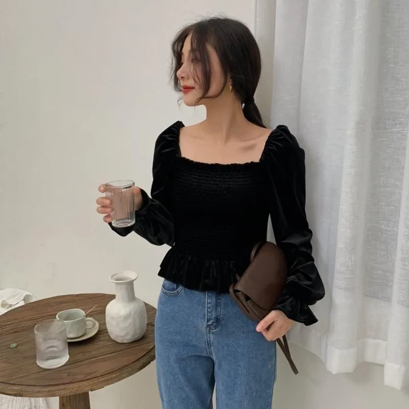 VGH Spring Sexy Lantern Sleeve Short Women Shirt Square Collar Backless Slim Hem 2019 Women's Shirts Fashion New Korean |