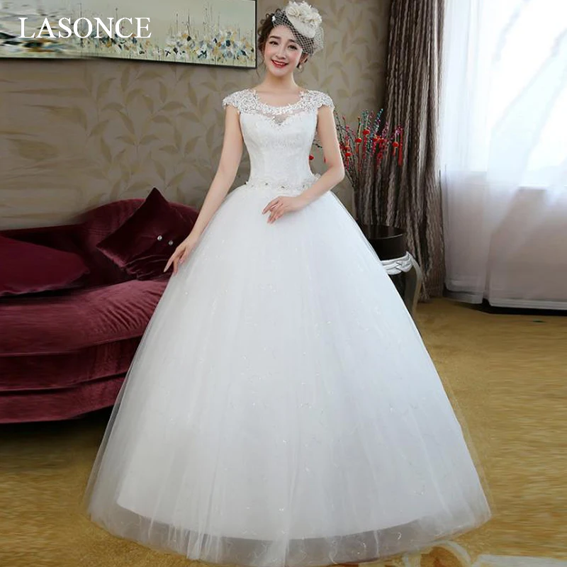 

LASONCE Illusion Crystal O Neck Sequined Ball Gown Wedding Dresses Lace Appliques Short Cap Sleeve Backless Bridal Dress