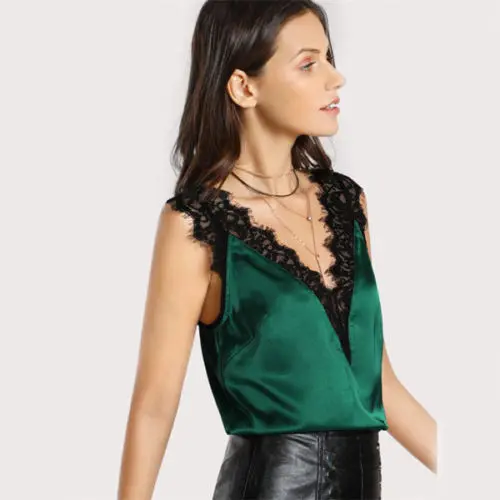 

new 2018 Satin Lace Blouses Sexy Shirts Summer V Neck Sexy Crop Top Women Loose Sleeveless Camis Casual Tops Blouse Shirt