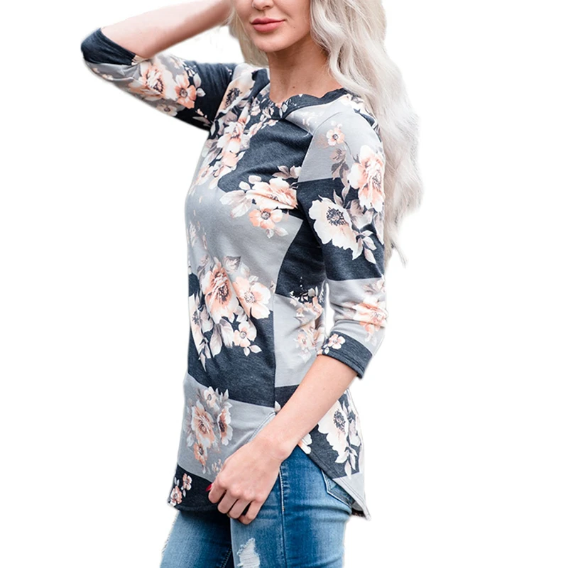Boho Для женщин блузка с рукавом 3/4 Цветочный принт рубашка Comfy Повседневное топы
