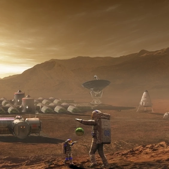 Future Mars colonists playing with children on a place they call home Poster Print (37x21)|Таблички и знаки| |