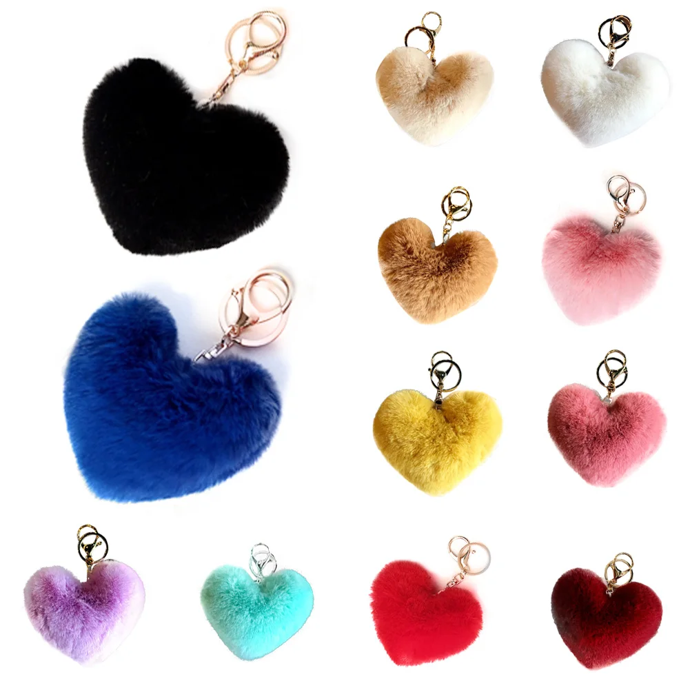 

fluffy keychain Gifts for Women Soft Heart Shape pom pom keychain Fake Rabbit Key Chain Ball Car Bag Accessories Key Ring